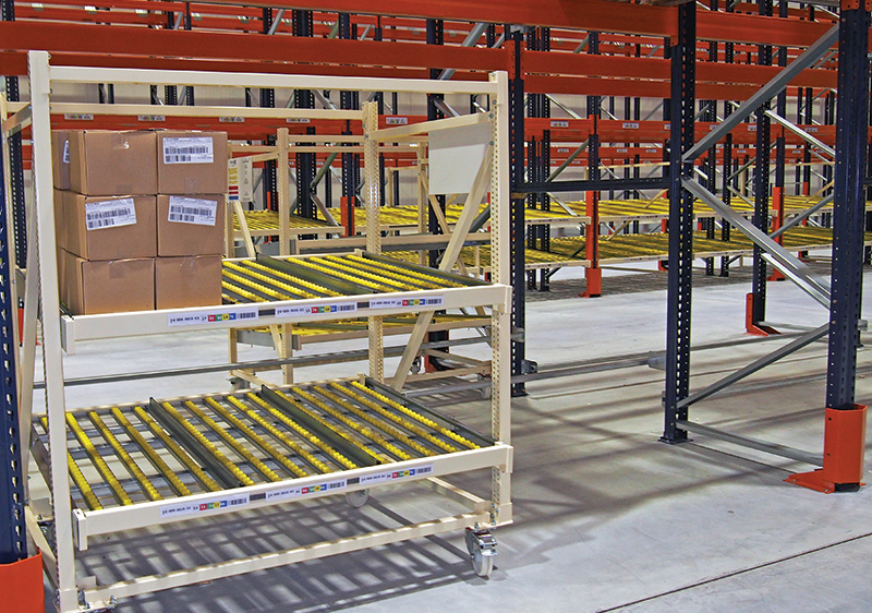 Carton flow rack and integrated conveyor